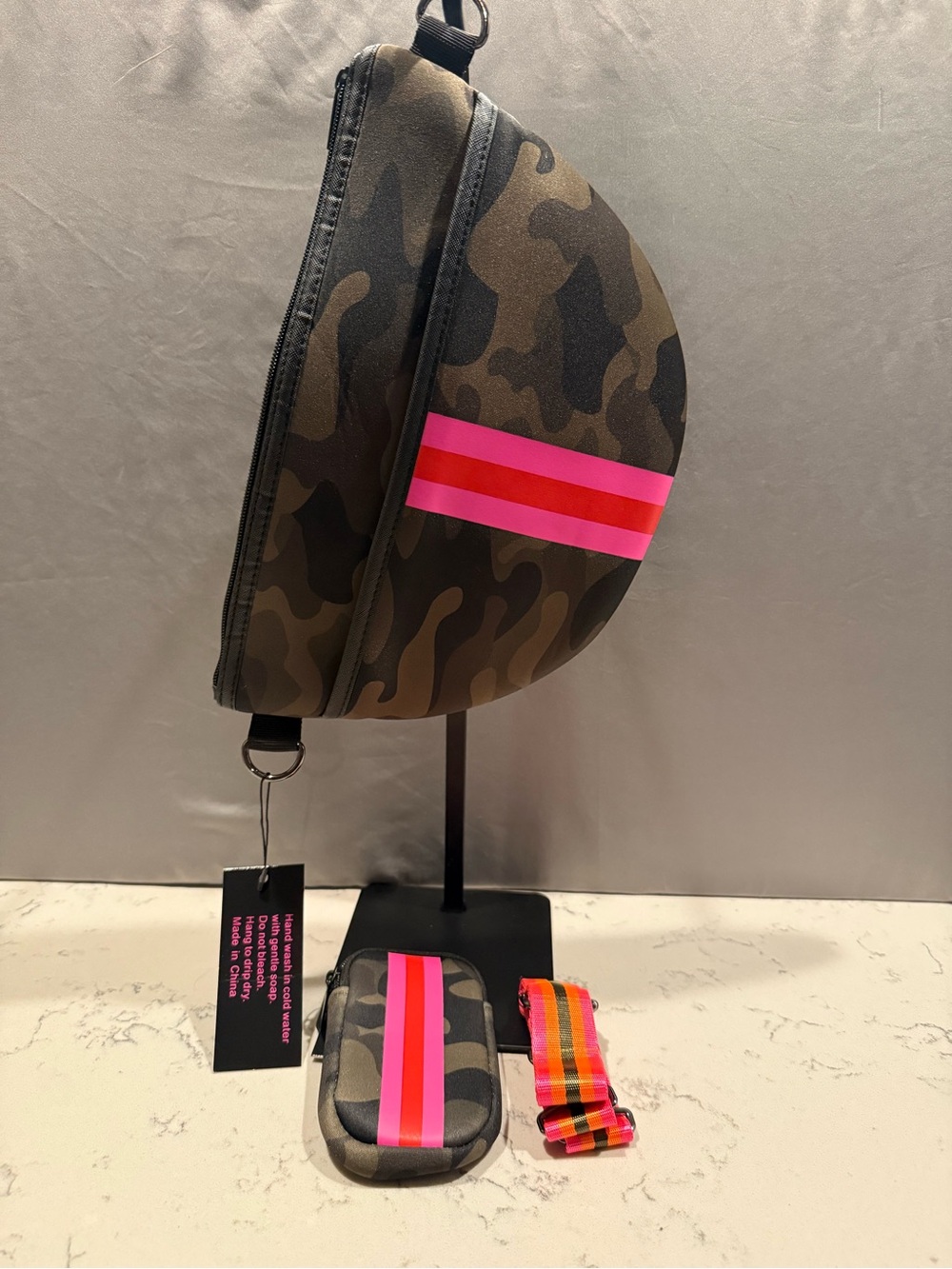 HAUTE SHORE Camo Crossbody with Neon Pink & Hot Pink Stripes